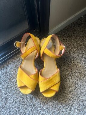 Anthropologie Yellow Suede Crisscross Ankle-Strap Heels with Pink Trim